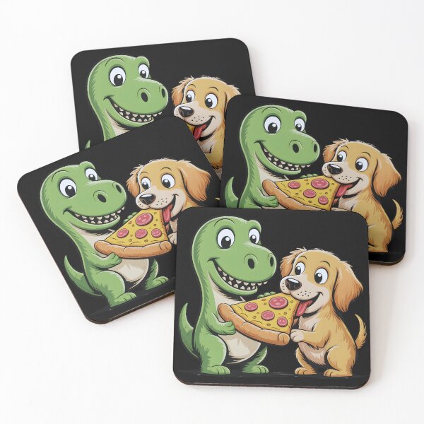 Item preview, funny Dinosaur and Dog Sharing Pizza Cartoon designed and sold by Nacerdigital.