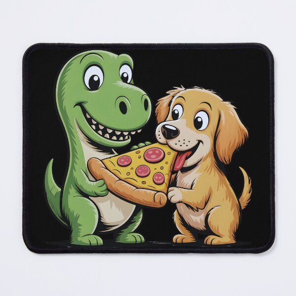 Item preview, funny Dinosaur and Dog Sharing Pizza Cartoon designed and sold by Nacerdigital.