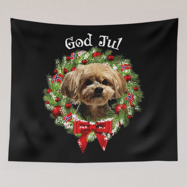 Item preview, God Jul Norwegian Yorkie Poo Dog Christmas Wreath  designed and sold by WayTBeenkenArt.