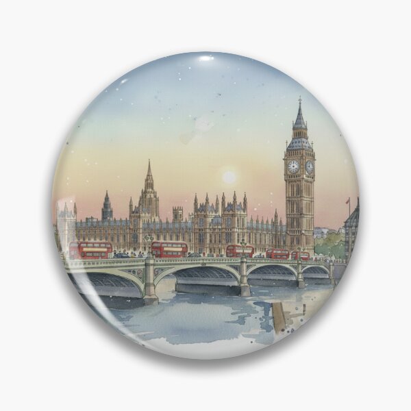 Item preview, Watercolor Sunset over London: Big Ben, Parliament & Red Buses on Westminster Bridge designed and sold by VictorCV.