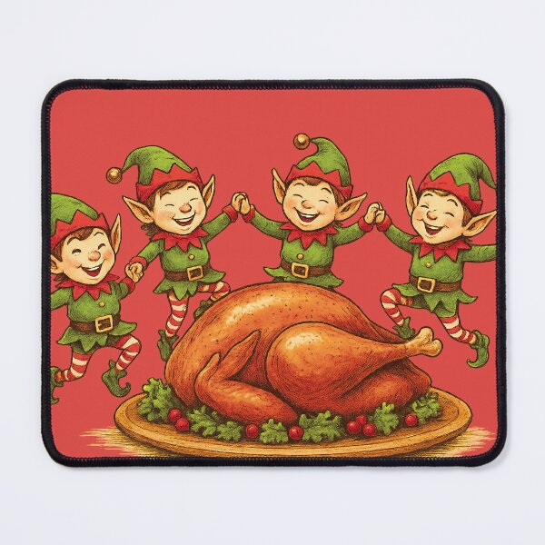 Item preview, Cute Christmas Elves Dancing Around Thanksgiving Turkey Illustration designed and sold by ChubbiesCloud Collections.