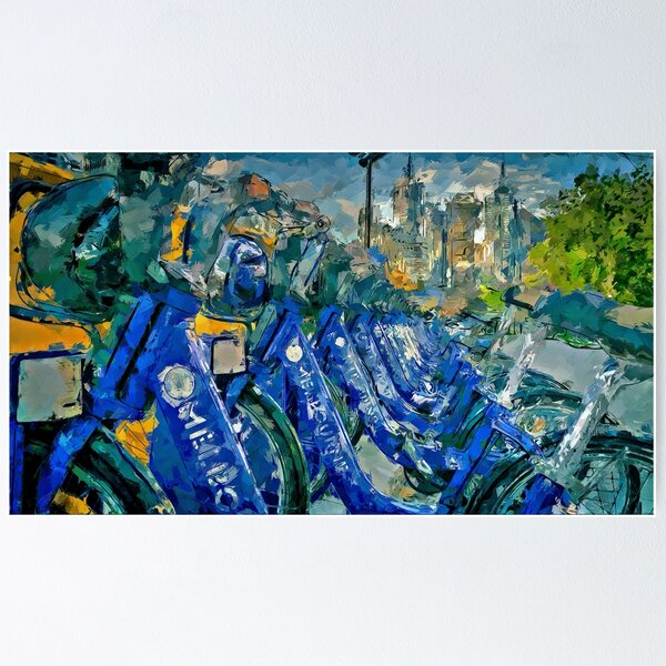 Artikelvorschau, Impressionistisches Gemälde mit Blick auf das CBD des Melbourne Bike Share - Melbourne, Victoria, Australien entworfen und verkauft von Steven Jodoin.