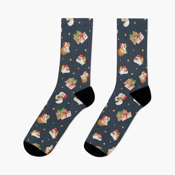 Item preview, Christmas Guinea Pig non-directional pattern with presents and stars on dark navy grey designed and sold by HazelFisher.
