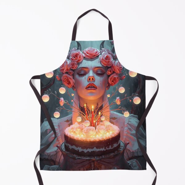 Artikelvorschau, Surrealistische Fantasy-Geburtstagskunst – Figur hält Kuchen mit blühenden Blumen und Mini-Monden entworfen und verkauft von StrawberryStudio.