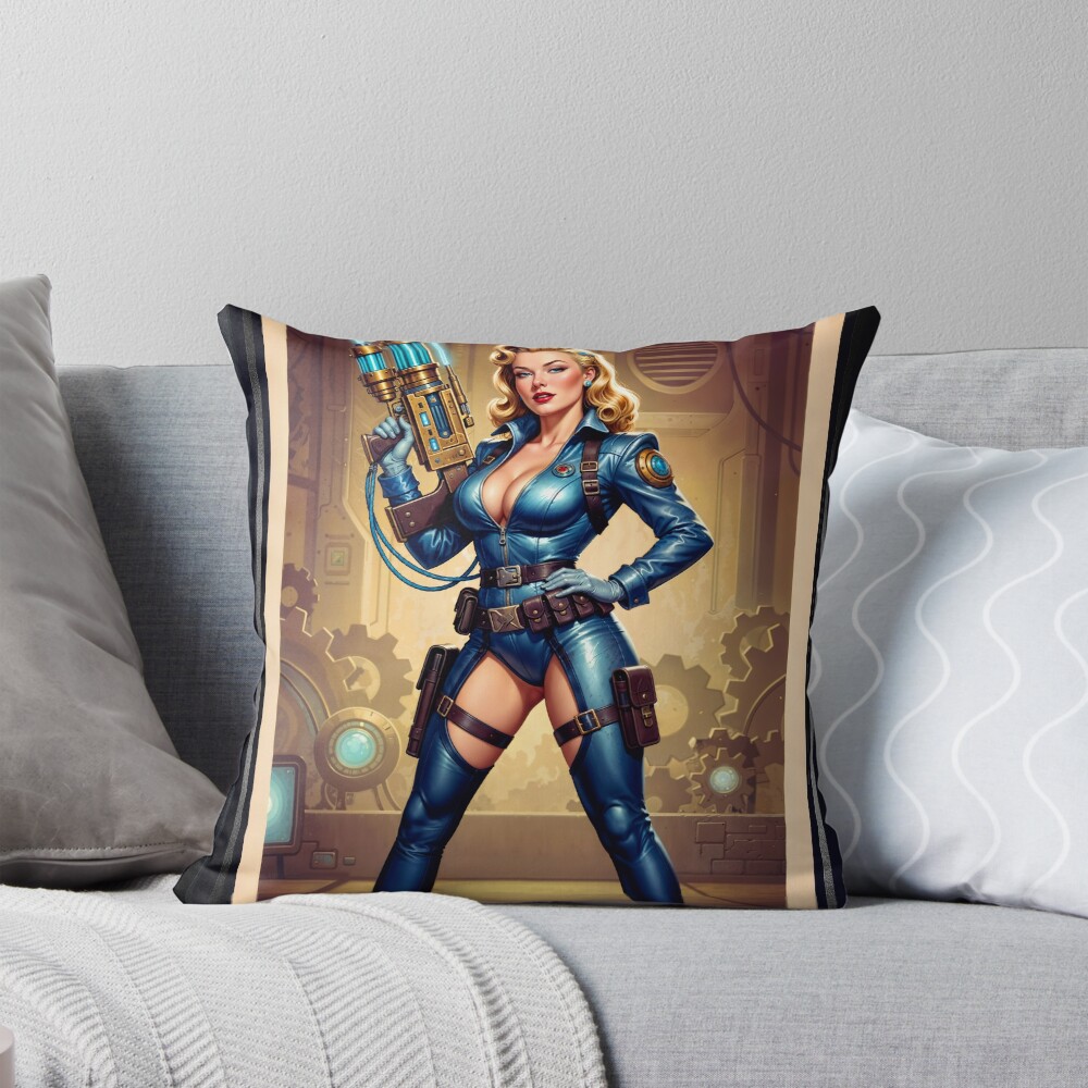 Vintage Sci-Fi Hylaria Velstrada Retro-Fusion Pinup Portrait Alluring AI Concept Art by Xzendor7 Decorative Art Print Throw Pillow