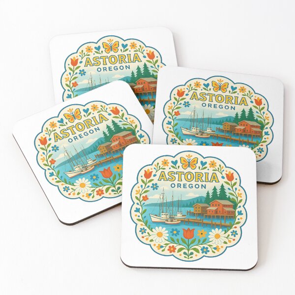 Item preview, Astoria Oregon Coastal Harbor Scene with Fishing Boats and Folk Flowers – Scandinavian Folk Art by heidiannemorris © designed and sold by FOLK ART FUSION by heidiannemorris.