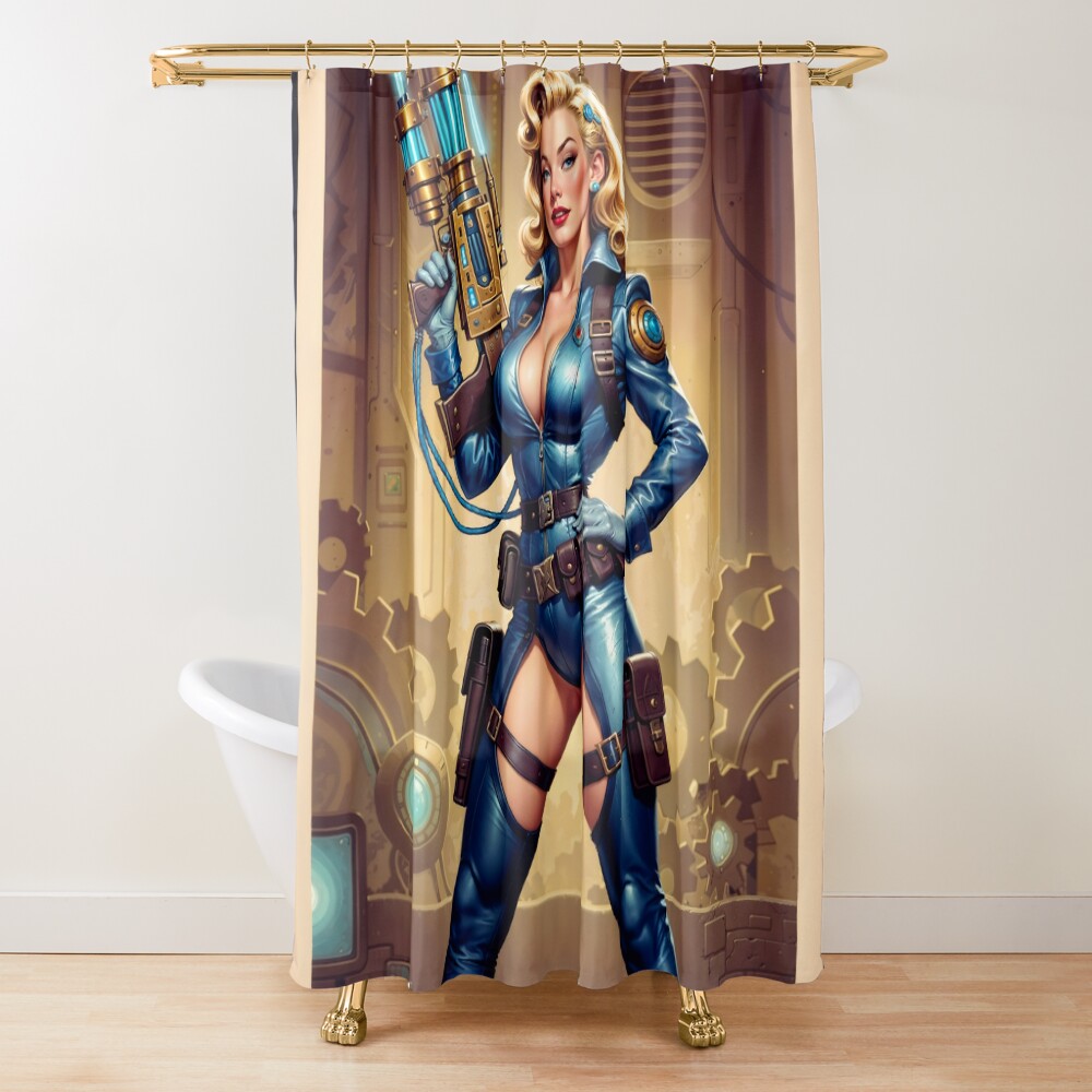 Vintage Sci-Fi Hylaria Velstrada Retro-Fusion Pinup Portrait Alluring AI Concept Art by Xzendor7 Decorative Art Print Shower Curtain
