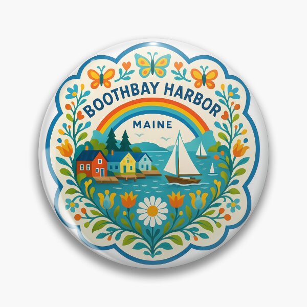Item preview, Boothbay Harbor Maine Coastal Scene with Rainbow and Sailboat – Scandinavian Folk Art by heidiannemorris © designed and sold by FOLK ART FUSION by heidiannemorris.