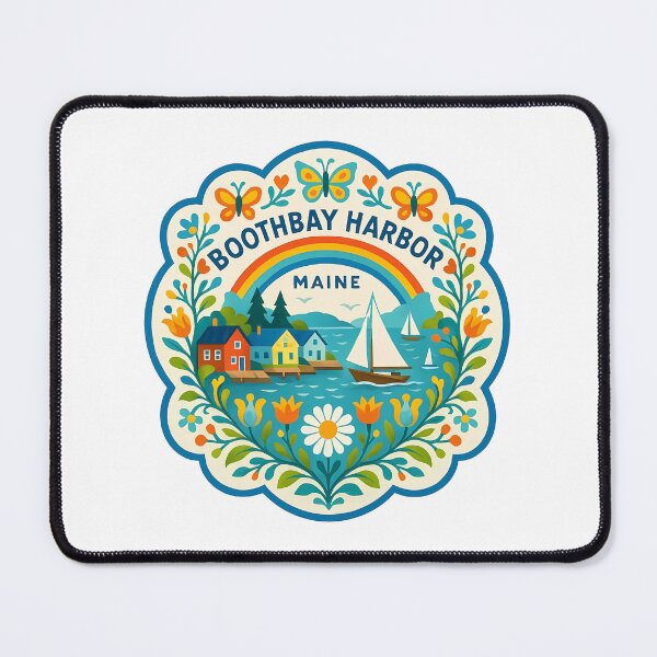 Item preview, Boothbay Harbor Maine Coastal Scene with Rainbow and Sailboat – Scandinavian Folk Art by heidiannemorris © designed and sold by FOLK ART FUSION by heidiannemorris.