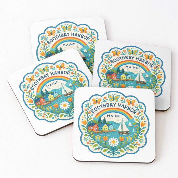 Item preview, Boothbay Harbor Maine Coastal Scene with Rainbow and Sailboat – Scandinavian Folk Art by heidiannemorris © designed and sold by FOLK ART FUSION by heidiannemorris.