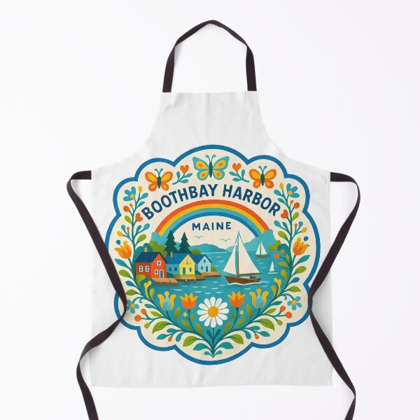 Item preview, Boothbay Harbor Maine Coastal Scene with Rainbow and Sailboat – Scandinavian Folk Art by heidiannemorris © designed and sold by FOLK ART FUSION by heidiannemorris.