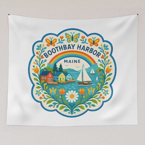 Item preview, Boothbay Harbor Maine Coastal Scene with Rainbow and Sailboat – Scandinavian Folk Art by heidiannemorris © designed and sold by FOLK ART FUSION by heidiannemorris.