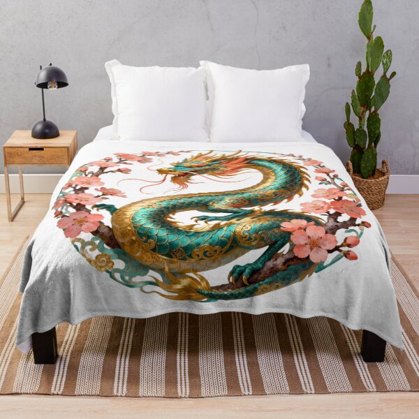 Item preview, Oriental dragon with cherry blossoms – Asian art in teal and gold tones designed and sold by Velvetia.