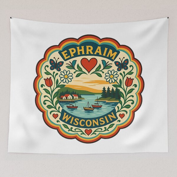 Item preview, Ephraim Wisconsin Coastal Scene with Sailboats and Heart – Scandinavian Folk Art by heidiannemorris © designed and sold by FOLK ART FUSION by heidiannemorris.