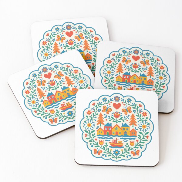 Item preview, Alegre escena portuaria con barcos y casas – Arte popular escandinavo de heidiannemorris © designed and sold by FOLK ART FUSION by heidiannemorris.