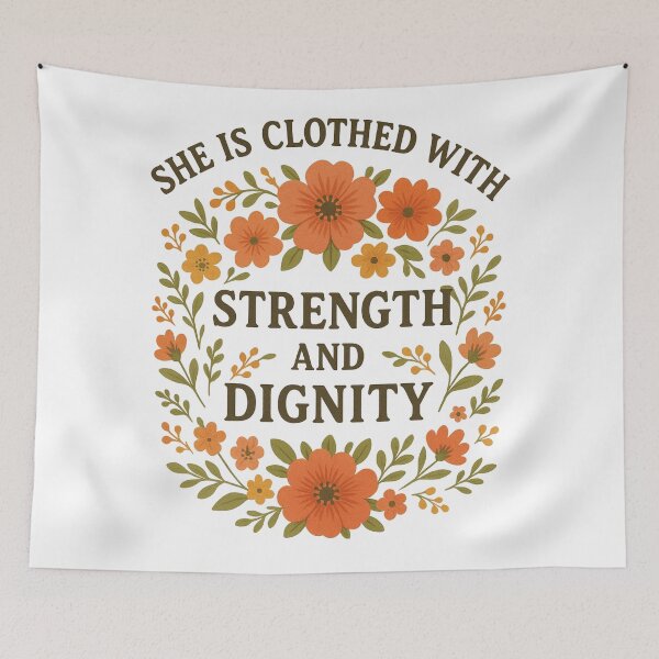 Item preview, She is Clothed with Strength and Dignity | Proverbs Christian Faith Womens Floral Bible Verse designed and sold by Blood Washed Apparel.