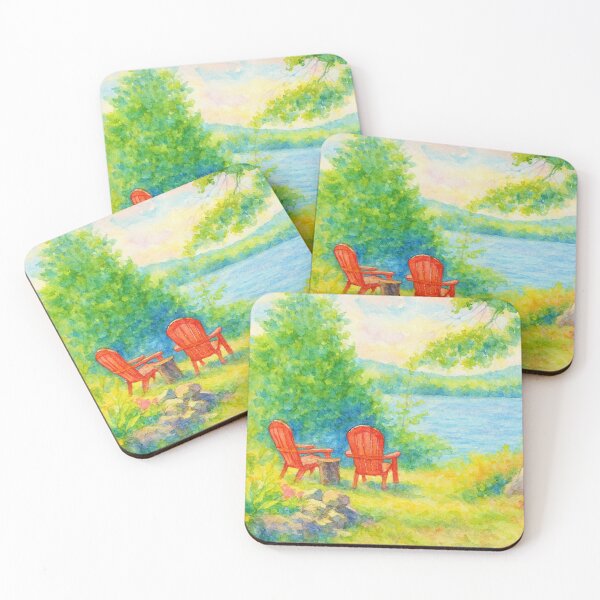 Item preview, Lakeside Adirondack Chairs Watercolor Landscape, Peaceful Summer View designed and sold by BeaconMarketing.