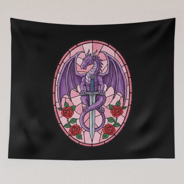 Item preview, Purple Dragon Stained Glass Art – Fantasy Dragon with Roses and Sword Design designed and sold by MiraDesignCo.