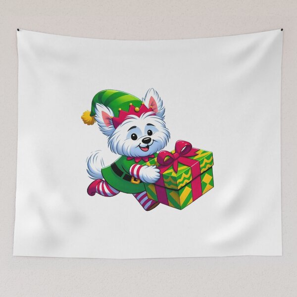 Item preview, Westie Elf Running with Christmas Gift designed and sold by GREENZ0NE.