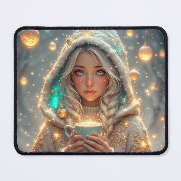 Item preview, Snow Angel Girl With Magical Cocoa – Enchanted Winter Portrait Fantasy Christmas Art by NegarTv Designs designed and sold by NegarTv Designs.