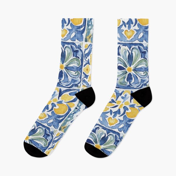 Item preview, Italian Spanish Summer Blue Yellow White Tile Squares Watercolor All Over designed and sold by Feeling Artsy.
