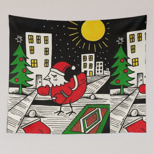 Item preview, Whimsical Christmas Bird in a Surreal Cityscape designed and sold by EvaArtHome.