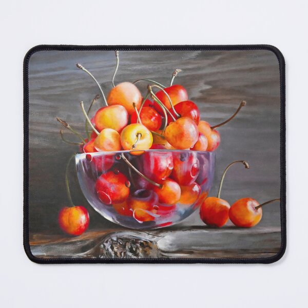 Item preview, Hyperrealistic Cherry Still Life with Glass Bowl – Realism Fruit Painting designed and sold by LukianArtPrint.