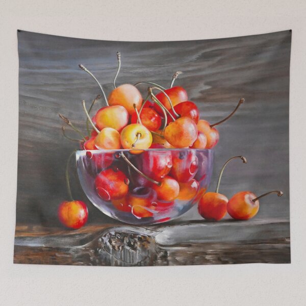Item preview, Hyperrealistic Cherry Still Life with Glass Bowl – Realism Fruit Painting designed and sold by LukianArtPrint.