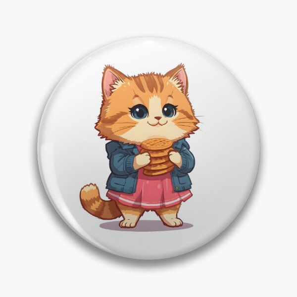 Item preview, Adorable chibi style cat holding stacked waffles while wearing a blue jacket and pink dress illustrated in soft colorful kawaii character design designed and sold by ArtPetrenko90.