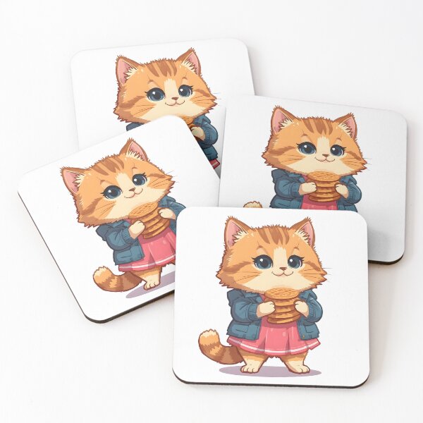 Item preview, Adorable chibi style cat holding stacked waffles while wearing a blue jacket and pink dress illustrated in soft colorful kawaii character design designed and sold by ArtPetrenko90.