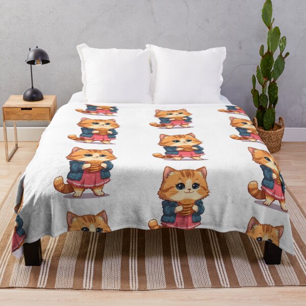Item preview, Adorable chibi style cat holding stacked waffles while wearing a blue jacket and pink dress illustrated in soft colorful kawaii character design designed and sold by ArtPetrenko90.