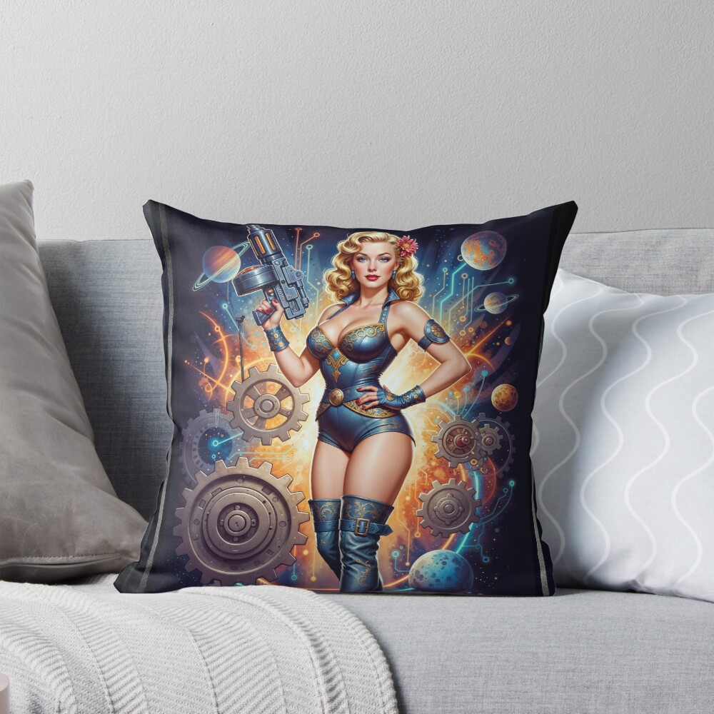 Trina Travera Surreal Retro-Fusion Steampunk Portrait Alluring AI Concept Art by Xzendor7 Decorative Art Print Throw Pillow
