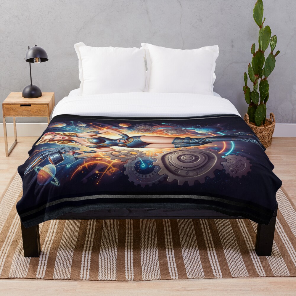 Trina Travera Surreal Retro-Fusion Steampunk Portrait Alluring AI Concept Art by Xzendor7 Decorative Art Print Throw Blanket