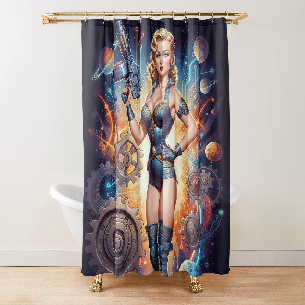 Trina Travera Surreal Retro-Fusion Steampunk Portrait Alluring AI Concept Art by Xzendor7 Decorative Art Print Shower Curtain