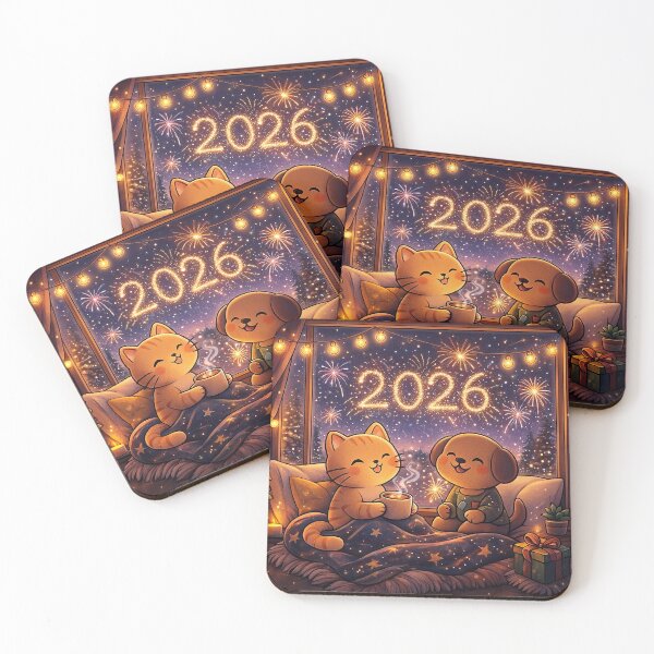 Item preview, Fireworks Window View – Cute Cat and Dog New Year 2026 Cozy Cartoon Design designed and sold by StyleLap.