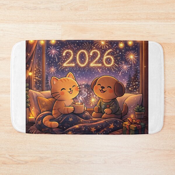 Item preview, Fireworks Window View – Cute Cat and Dog New Year 2026 Cozy Cartoon Design designed and sold by StyleLap.