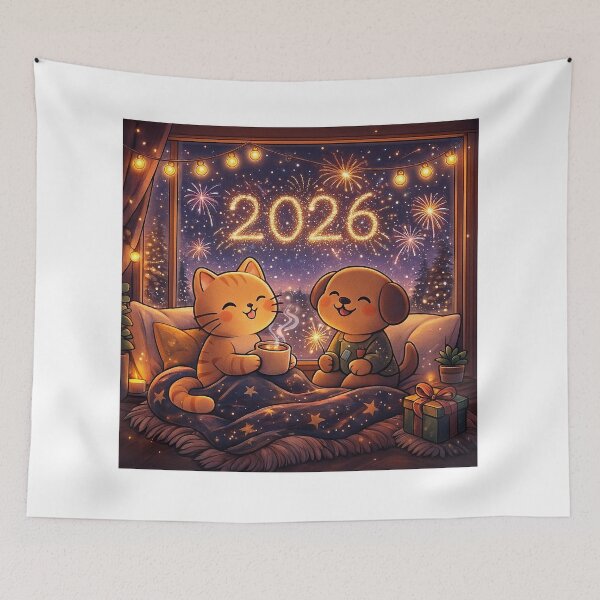 Item preview, Fireworks Window View – Cute Cat and Dog New Year 2026 Cozy Cartoon Design designed and sold by StyleLap.