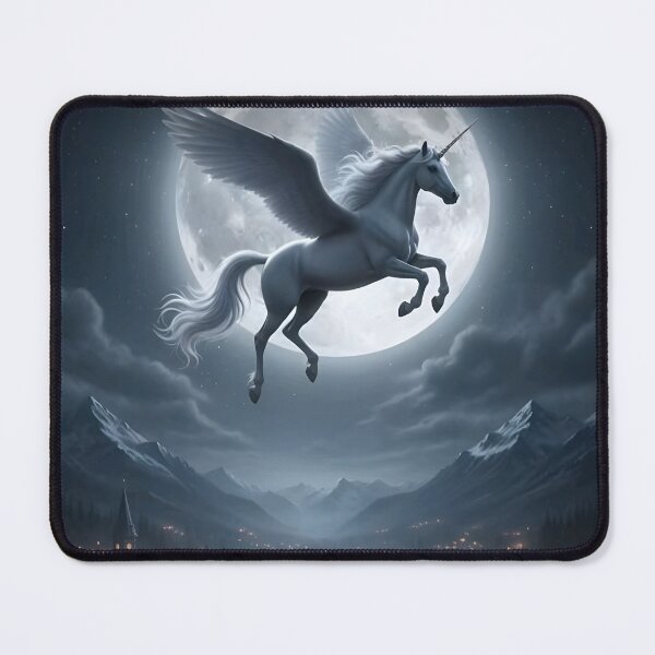 Item preview, Winged Unicorn Flying Over Moonlit Fantasy Village designed and sold by internetwatcher.
