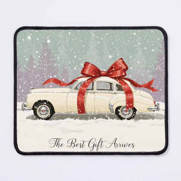 Item preview, Gift-themed vintage car with a large bow in a snowy winter scene designed and sold by SpaceartLilu.