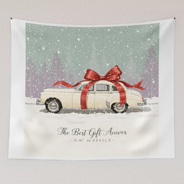 Item preview, Gift-themed vintage car with a large bow in a snowy winter scene designed and sold by SpaceartLilu.