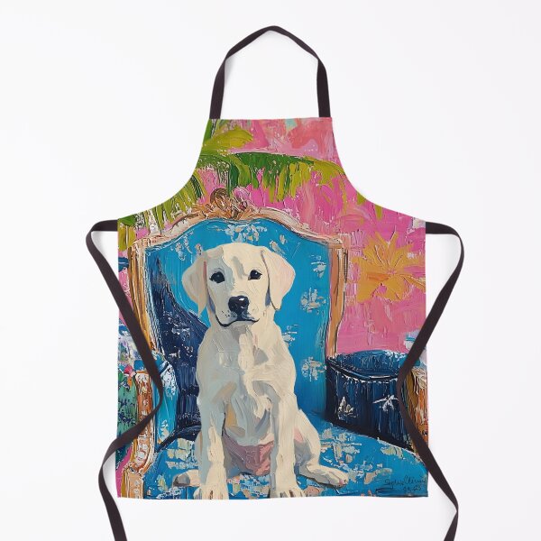 Item preview, Preppy Labrador puppy on blue chair in pink chinoiserie room designed and sold by SophieClimaArt.
