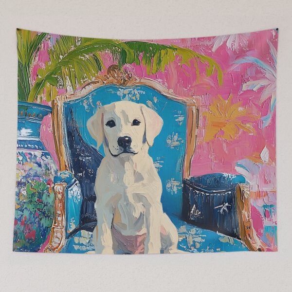 Item preview, Preppy Labrador puppy on blue chair in pink chinoiserie room designed and sold by SophieClimaArt.