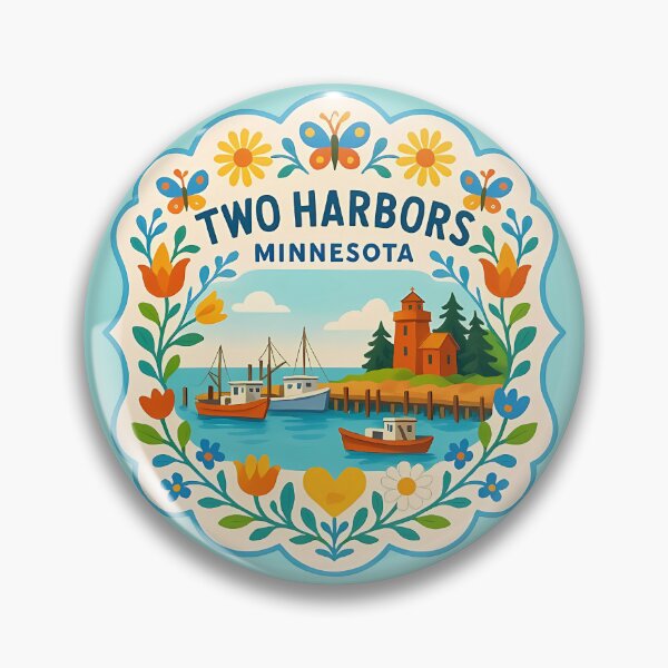 Item preview, Cheerful Two Harbors Minnesota Coastal Scene with Lighthouse – Scandinavian Folk Art by heidiannemorris © designed and sold by FOLK ART FUSION.