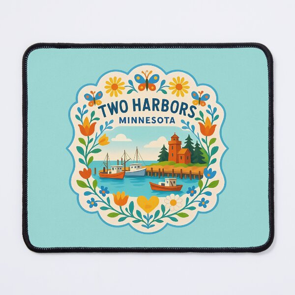 Item preview, Cheerful Two Harbors Minnesota Coastal Scene with Lighthouse – Scandinavian Folk Art by heidiannemorris © designed and sold by FOLK ART FUSION by heidiannemorris.
