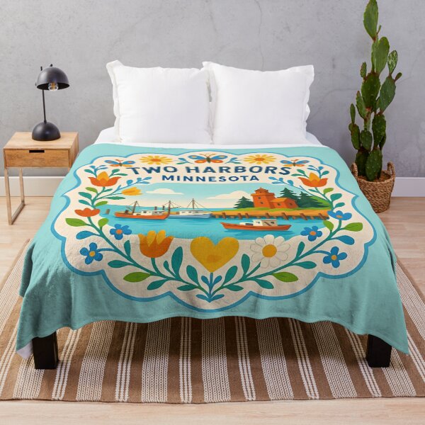 Item preview, Cheerful Two Harbors Minnesota Coastal Scene with Lighthouse – Scandinavian Folk Art by heidiannemorris © designed and sold by FOLK ART FUSION by heidiannemorris.