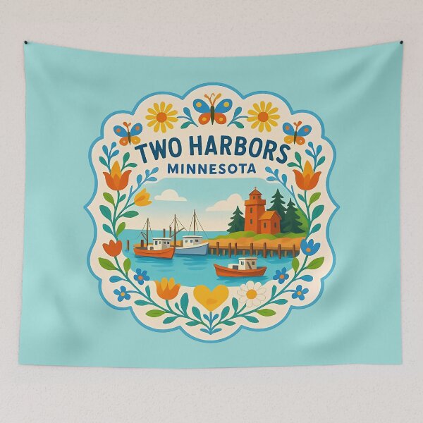 Item preview, Cheerful Two Harbors Minnesota Coastal Scene with Lighthouse – Scandinavian Folk Art by heidiannemorris © designed and sold by FOLK ART FUSION by heidiannemorris.