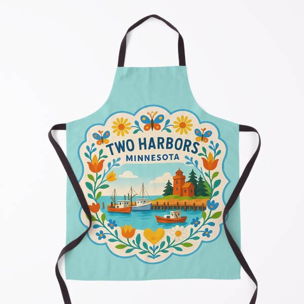 Item preview, Cheerful Two Harbors Minnesota Coastal Scene with Lighthouse – Scandinavian Folk Art by heidiannemorris © designed and sold by FOLK ART FUSION by heidiannemorris.