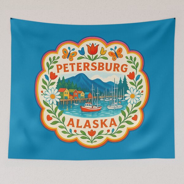 Item preview, Petersburg Alaska Coastal Scene with Fishing Boats and Mountains – Scandinavian Folk Art by heidiannemorris © designed and sold by FOLK ART FUSION.