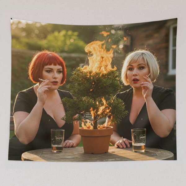 Item preview, Two Women Casually Smoking as Bonsai Tree Bursts into Flames. designed and sold by Spark2Seduction.