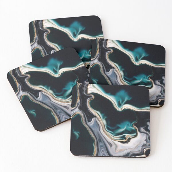 Item preview, logo picture fabric illustration graphics black blue gold silver patterns in dark indigo and light, liquid forms, silver and green, designed and sold by gulka8.